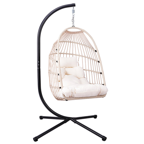 English Elm Foldable Hanging Egg Chair with Stand Pillow, HDPE Wicker, Rust‑Resistant Frame, Cushioned Headrest, 350lb Capacity White W2500P369689