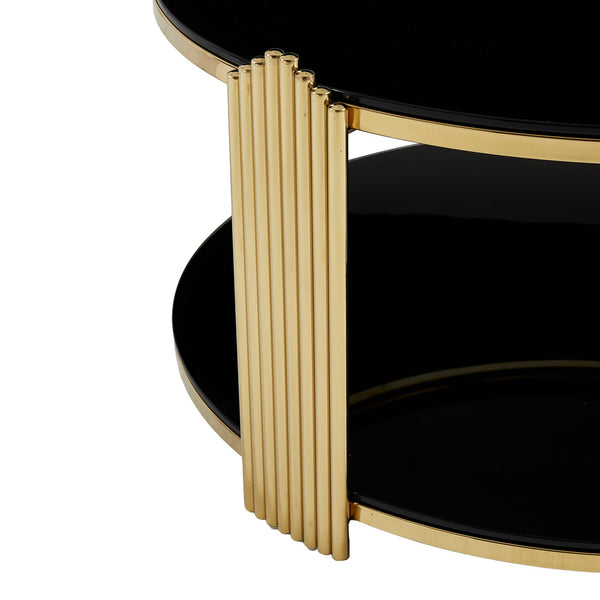 English Elm 35inch Round Coffee Table Dual Tier Tempered Glass Gold Steel Frame Living Room W3357P395503