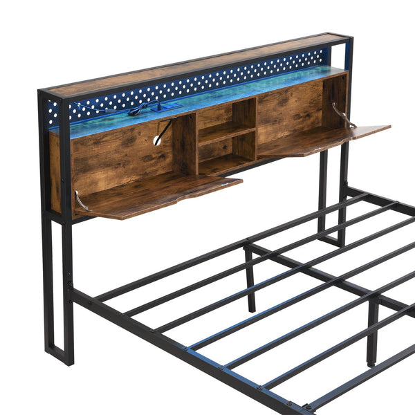 English Elm Full Size Metal Platform Bed with Wooden Headboard, LED Lights, USB Charging, 2 Drawers, 600 lb Capacity W2297P236951