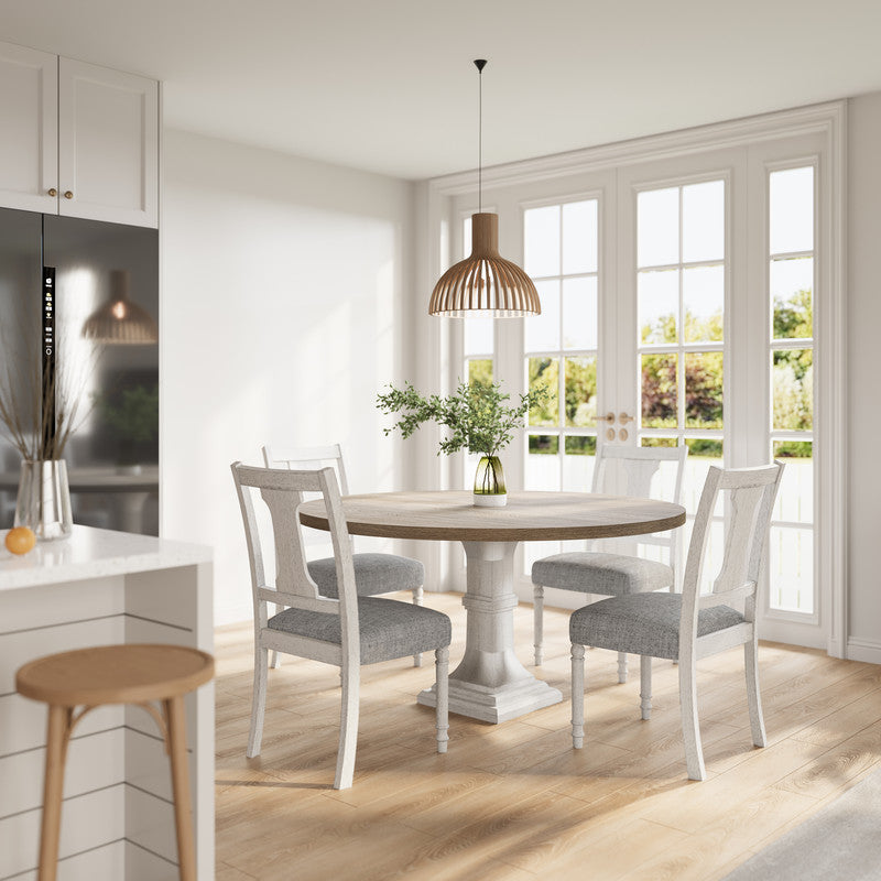 English Elm Taranto Round Pedestal Dining Set Seats Four with Distressed Wood and Linen Chairs B2749S00307