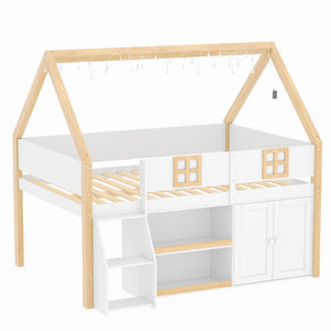 English Elm Twin-size Pine Low Loft Bed with House Canopy Step Stairs Storage Cabinet Led Lights N7090005032K