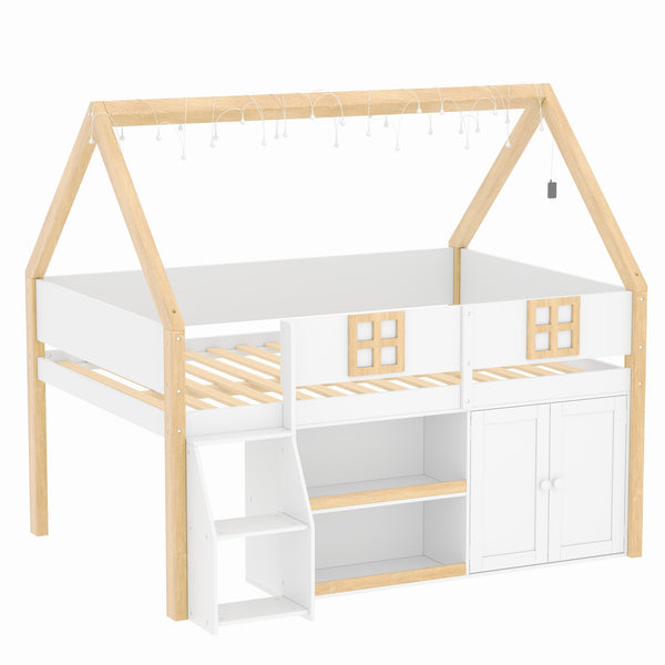 English Elm Twin-size Pine Low Loft Bed with House Canopy Step Stairs Storage Cabinet Led Lights N7090005032K