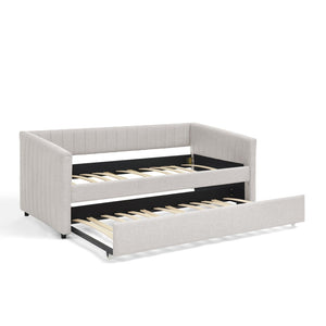 English Elm Twin Size Daybed With Trundle - Elegant Upholstered Sofa Bed In Beige Linen With Stripes, Space-Saving W1413S00090-GIGA