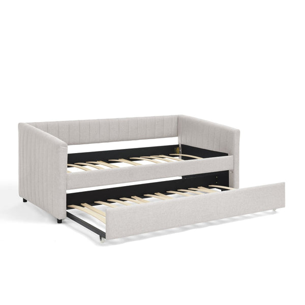 English Elm Twin Size Daybed With Trundle - Elegant Upholstered Sofa Bed In Beige Linen With Stripes, Space-Saving W1413S00090-GIGA