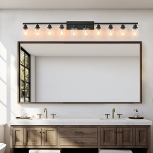 English Elm 10 Light Bathroom Vanity Fixture 65.4in Matte Metal 10-Light Wall Sconce with Clear Glass Shades for Mirror Black W2312P374794