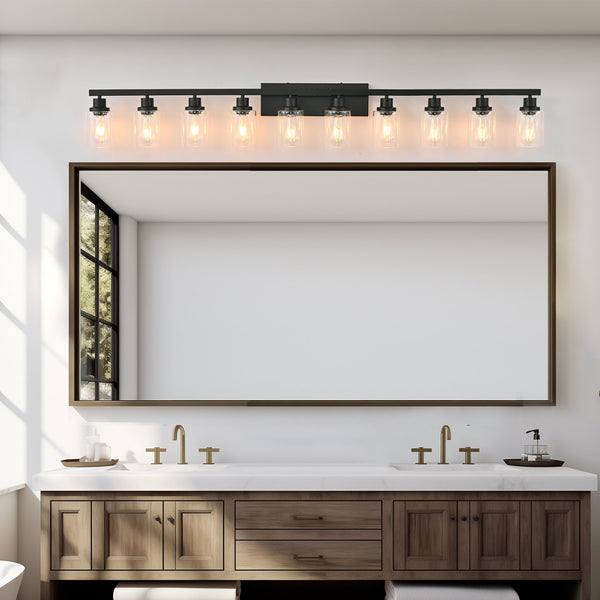 English Elm 10 Light Bathroom Vanity Fixture 65.4in Matte Metal 10-Light Wall Sconce with Clear Glass Shades for Mirror Black W2312P374794