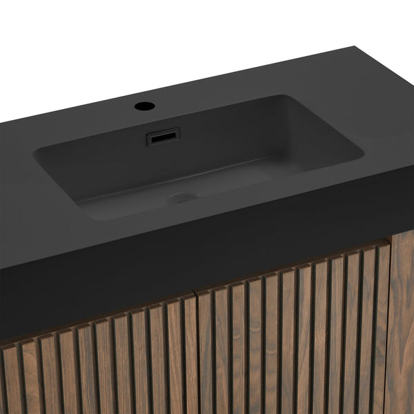 English Elm Galan Freestanding Bathroom Vanity Quartz Basin Fluted Wood Cabinet Modern Bath Walnut Brown W1865S00222