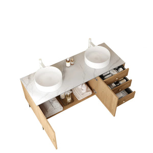 English Elm MUNIN Oak Bathroom Vanity with Double Ceramic Vessel Sinks, Sintered Stone Top, Preassembled, Soft-Close W2615S00055