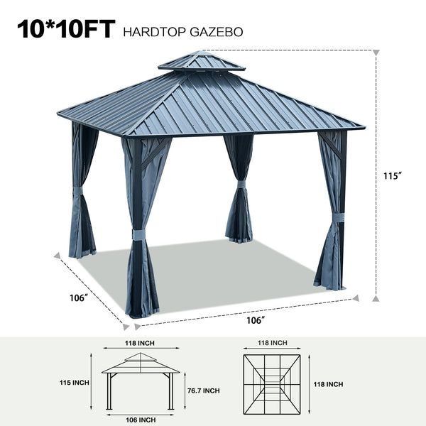 English Elm 10' Hardtop Gazebo 10' X 10' Double Roof with Skylight, Aluminum Frame, Curtains & Mosquito Netting W765S00001