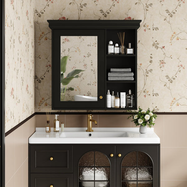English Elm 30'' Wall-Mounted Medicine Cabinet with Mirror and Adjustable Shelves, Modern MDF Storage Organizer Black N710P209425B
