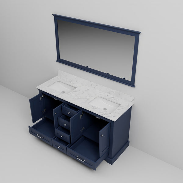 English Elm Navy Blue Double Bath Vanity With Carrara Marble Top, Soft-Close Drawers & 58" Mirrored Finish B2731S00658