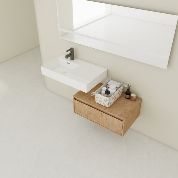 English Elm 30 Inch Wall-Mounted Bathroom Vanity With Resin Sink, Soft Close Drawer & Modern Oak Finish W999S00257