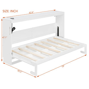 English Elm Twin-size Murphy Wall Bed with Led Lighting Usb Outlet and Decorative Printed Panel White LP000355AAK