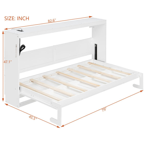 English Elm Twin-size Murphy Wall Bed with Led Lighting Usb Outlet and Decorative Printed Panel White LP000355AAK