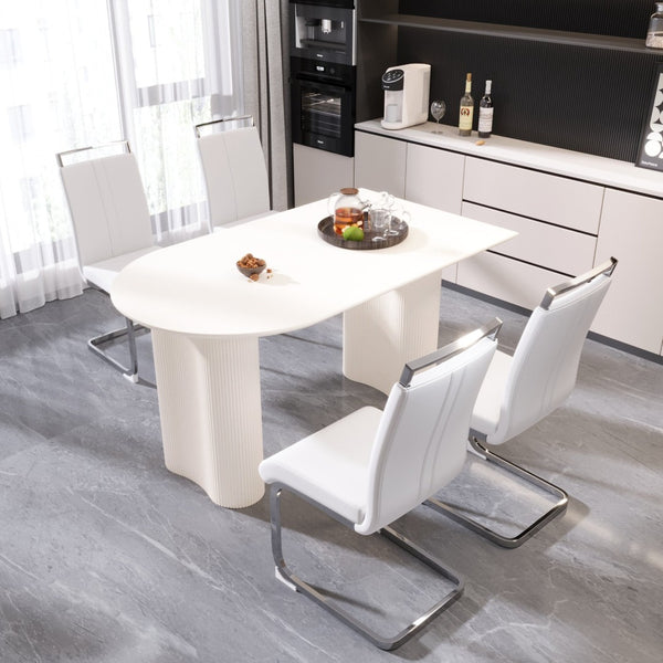 English Elm 63 Inch Cream Mdf Dining Set with Pu Chairs and Silver Metal Bases Seats Four W2189S00904