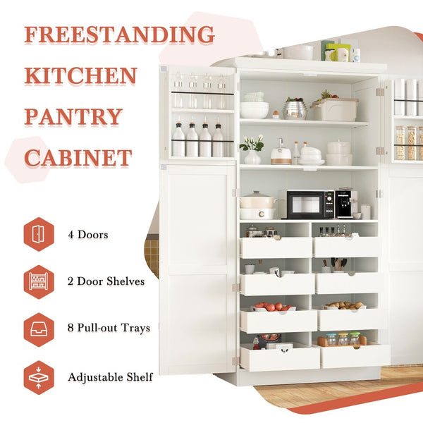 English Elm [assembly Included] Topmax Shaker Pantry Cabinet Tall Mdf Kitchen Storage with Pull-out Trays White SP000099AAK