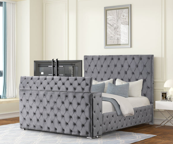 English Elm Encore Modern Queen Bed With Tufted Headboard And Hidden Tv Compartment In Stylish Gray Upholstery B009S01679