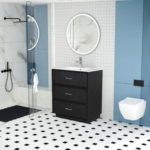 English Elm 30 Inch Bathroom Vanity With Ceramic Sink Combo - Modern Black Freestanding Storage Cabinet Set W1550S00047