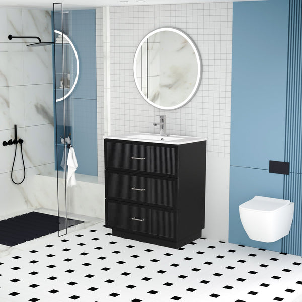 English Elm 30 Inch Bathroom Vanity With Ceramic Sink Combo - Modern Black Freestanding Storage Cabinet Set W1550S00047