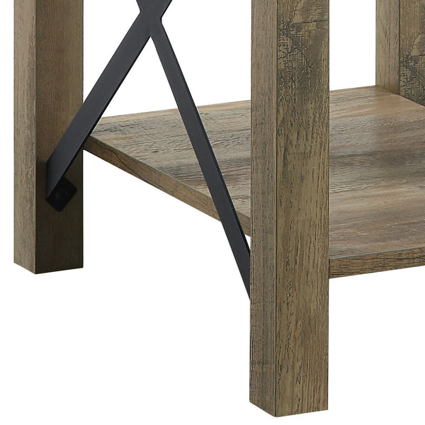 English Elm Abiram Rustic Oak End Table with 40mm Thick Top, X-Slat Farmhouse Shelf, KD Easy Assembly, Durable B2726P265238