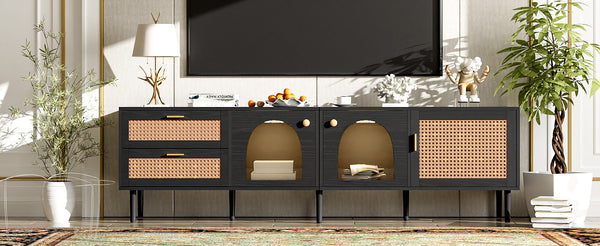 English Elm Rattan Black TV Stand with 3 Cabinets & 2 Rattan Drawers, LED Media Console, Cable Management, 80" N710P206015B