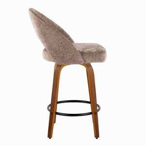 English Elm Fixed-height Walnut Wood Counter Stools with Fabric Seats Mid-century Modern Set of 2 B202S02152
