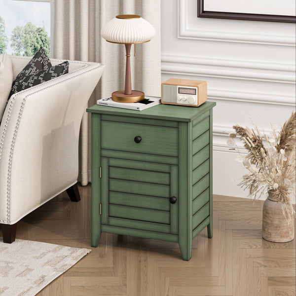 English Elm Antique Key West End Table with Drawer & Shelf, X-Pattern Coastal Farmhouse Accent Table for Lamps Antique Green W869P372334