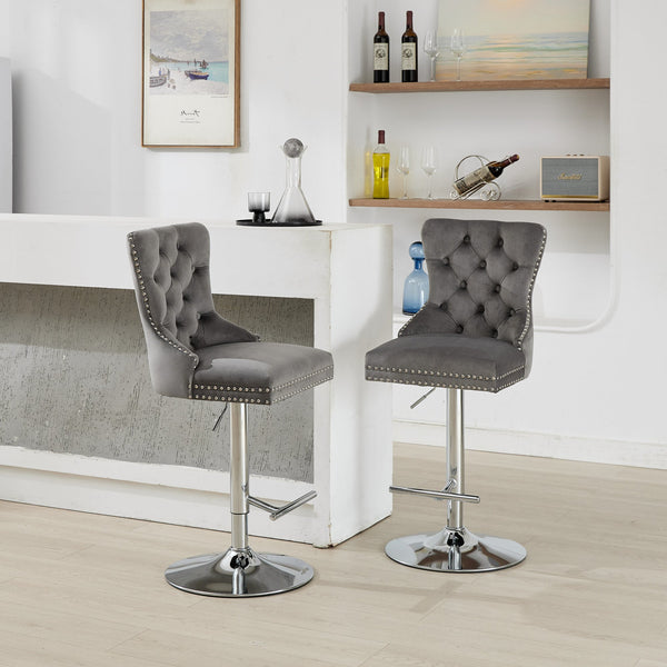 English Elm Thick Velvet Swivel Barstools with 17.7" Chrome Base, Tufted Diamond Pleating, Comfort Foam Seats Gray W1143P335043