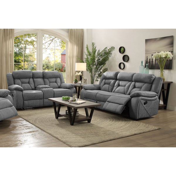 English Elm Orson Grey 2-Piece Reclining Living Room Set with Plush Microfiber, Storage Console, Modern Channeling Elegance B062S00848