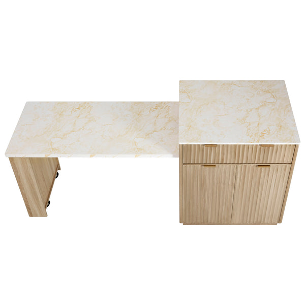 English Elm K&K Fluted Kitchen Island with Extendable Dining Table, Art Deco Mid-Century Design, Built-In Power Hub, Gold Handle Natural N707S000018Y