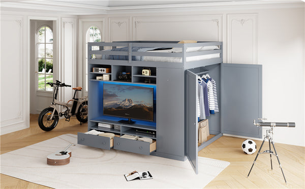 English Elm Full Size Loft Bed with Led Lighting Wardrobe Drawers and Shelves for Teen Rooms Gray LT000499AAE