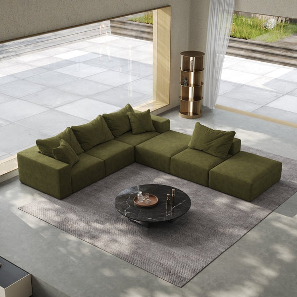 English Elm Oversized sponge cloud sofa modular 162" L-shaped sectional with chenille upholstery and 6 pillows, no-assembly comfort Green W834S00392