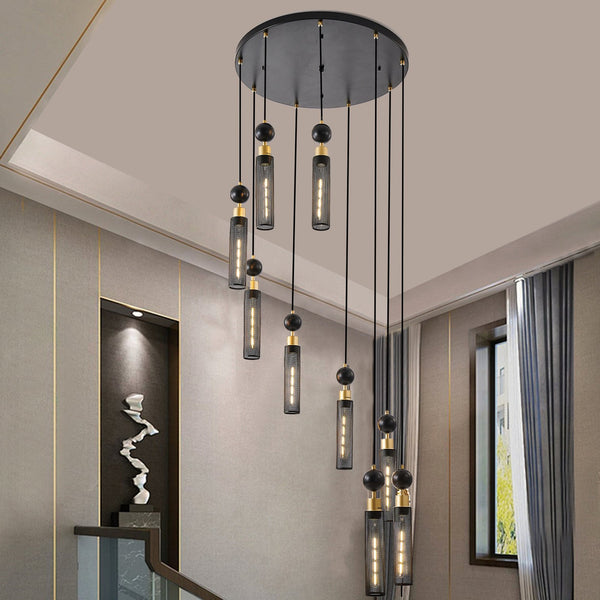 English Elm 24" Modern Industrial 9-Light Pendant Chandelier — Black & Gold Iron Mesh Shades, Adjustable Ceiling Fixture for Living Room Dining Staircase W1340P233176