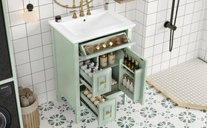 English Elm 24-Inch Bathroom Vanity with Sink, Solid Wood & MDF, Ceramic Top, Gold Handles, Flip Drawer Design Green N725P350824F