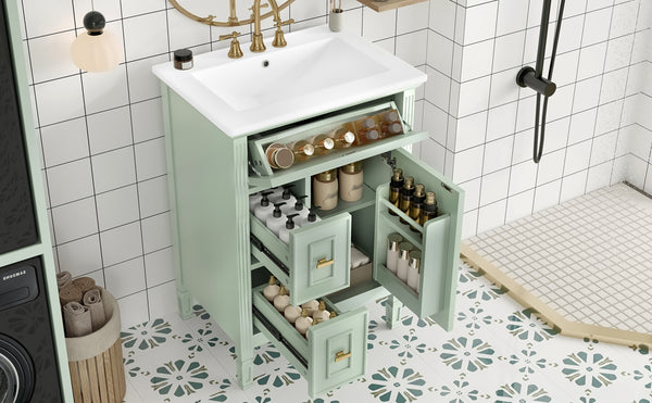 English Elm 24-Inch Bathroom Vanity with Sink, Solid Wood & MDF, Ceramic Top, Gold Handles, Flip Drawer Design Green N725P350824F