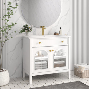 English Elm 35.6" Freestanding Bathroom Vanity with Roman Column Base and Ceramic Integrated Sink White W1801S00001