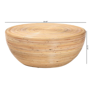 English Elm Laminated Rattan Round Coffee Table Handcrafted Drum Silhouette for Bohemian Living B2750P467866