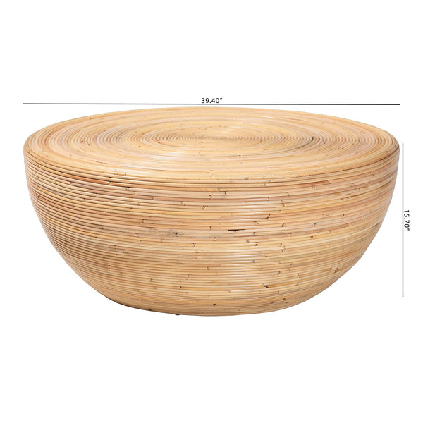 English Elm Laminated Rattan Round Coffee Table Handcrafted Drum Silhouette for Bohemian Living B2750P467866