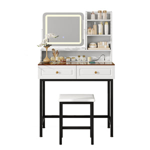 English Elm Makeup Vanity Set with Rotating Led Mirror Amber Glass Top Drawers and Charging Station N704P385441K