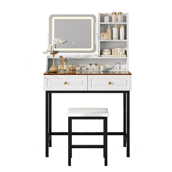English Elm Makeup Vanity Set with Rotating Led Mirror Amber Glass Top Drawers and Charging Station N704P385441K