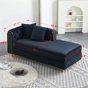 English Elm 66.9''W Velvet Chaise Lounge with Tufted Back and Gold Trim, Luxury Modern Sofa for Living Room Black W579P224635
