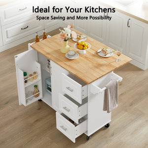 English Elm Kitchen Island Cart with Drop-Leaf Rubberwood Countertop, Rolling Tower Rack, Drawers & Spice Storage White W1820P195005