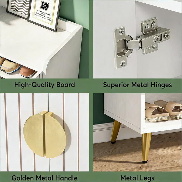 English Elm Rustic Seven Tier Shoe Cabinet with Swing Doors Adjustable Entryway Organizer Gold,White T3971P448652