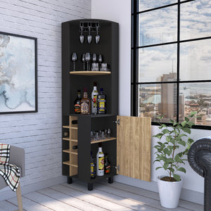 English Elm Kaia 70" Tall Corner Bar Cabinet with 4 Shelves, 10 Wine Cubbies & Stemware Storage in Black Pine B070S00307