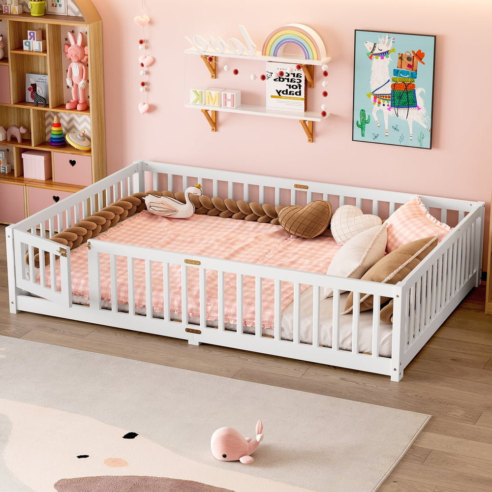English Elm Queen Kids Floor Bed with Safety Guardrails and Door for Independent Sleep, Pine Frame, 82.7"x62.6" White W1580P338953
