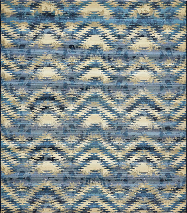 Unique Loom Outdoor Modern Aztec Machine Made Geometric Rug Blue, Ivory/Navy Blue/Black 10' 0" x 12' 2"