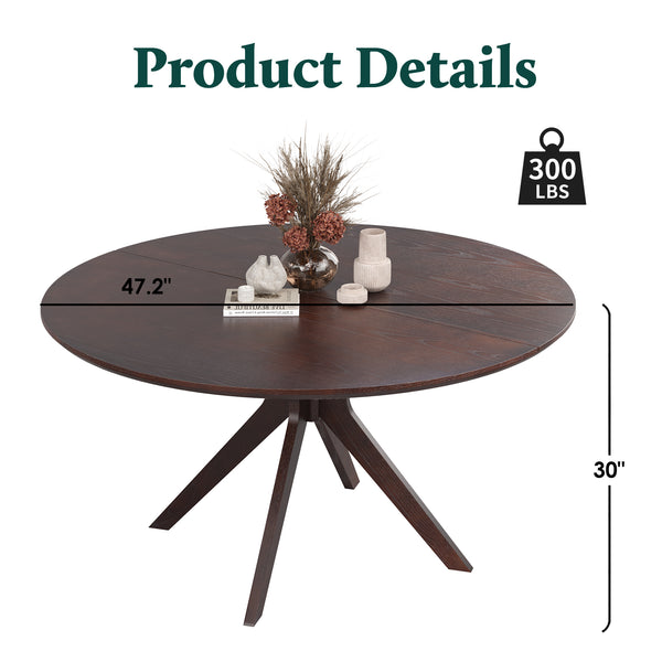 English Elm 47" Round Wood Dining Table Seats Six with Industrial Metal Base for Modern Homes T3623P437354