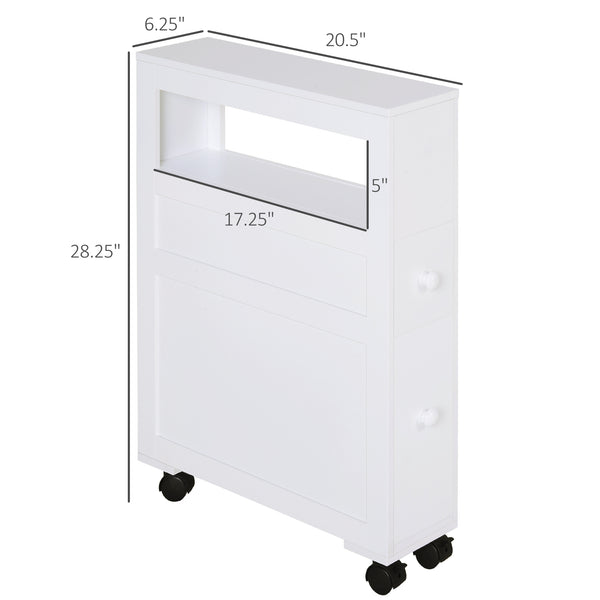English Elm HOMCOM Slim Rolling Bathroom Cabinet with Shelf & 2 Drawers, Locking Wheels, MDF 6.25"x20.5"x28.25" W2225P216996