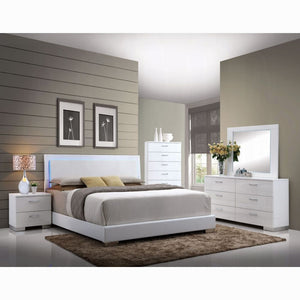 English Elm White Queen Bed with Adjustable LED Headboard, Sturdy Wooden Slats, White Faux Leather, Chrome Trim, Durable Support and Ambient Lighting for Reading and Relaxation B062S00584