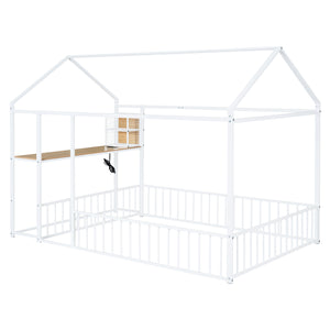 English Elm Full Size Metal House Bed Frame with Desk, Shelves, USB Power Ports & Playful Roof for Kids Room Delight White N737P173491K